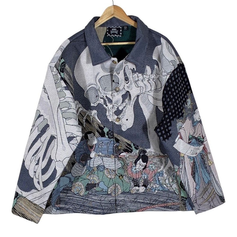 Rebel Vengeance Ukiyo-e Samurai Skull Tapestry Woven Jacket Blue Multi Size XXL